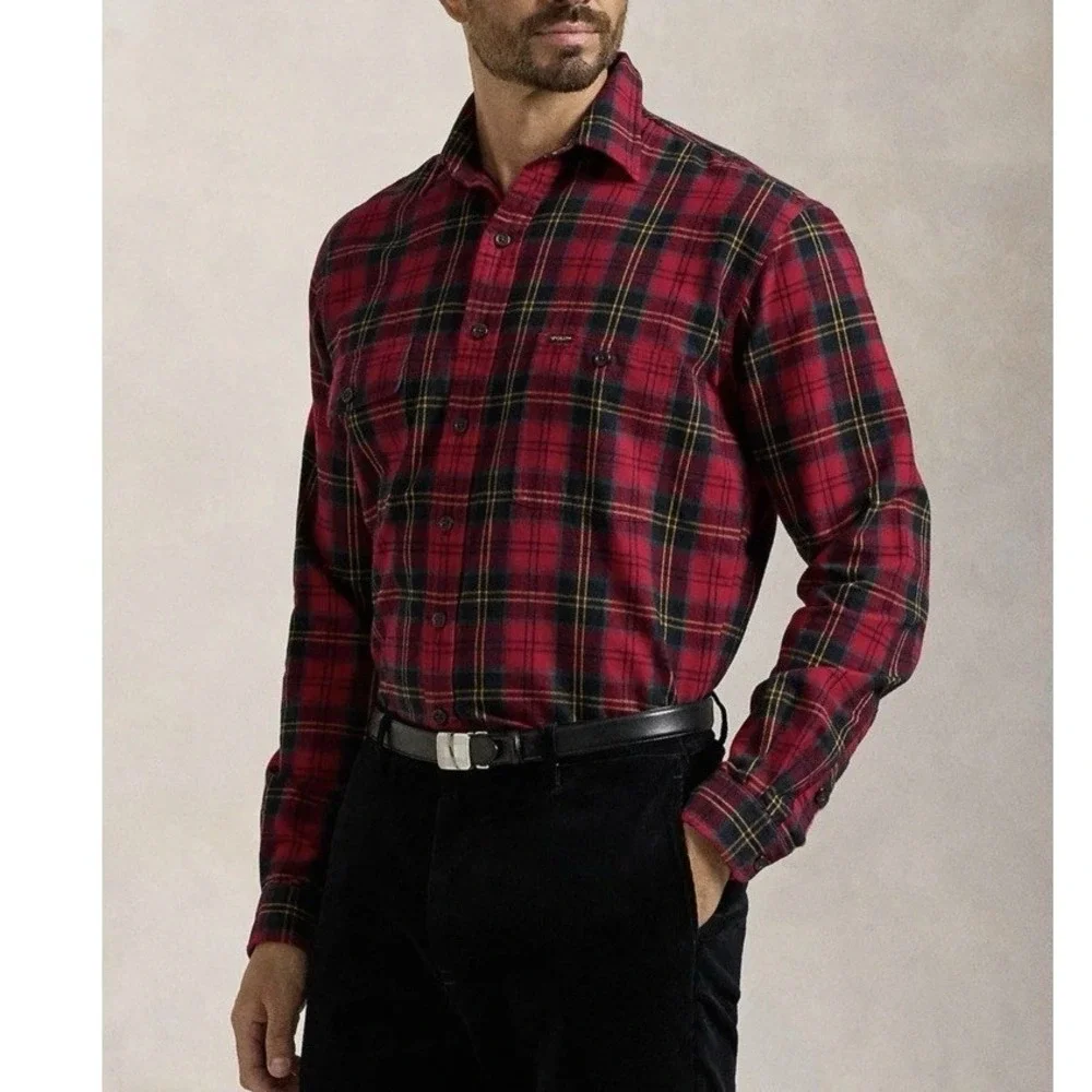 Polo Ralph Lauren Mens Medium Red Black Tartan Oxford Sport Shirt Cotton Pocket